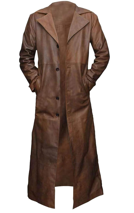 Men's Brown Trench Long Leather Coat