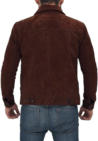 Trucker Suede Leather Jacket Men, Brown