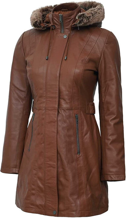 Brown Shearling Leather Jacket with Fur Hood