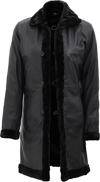 Black Leather Shearling Long Jacket For Women