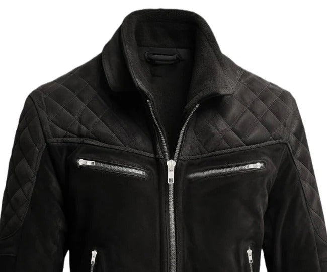 Men Quilted Biker Black Suede Leather Jacket