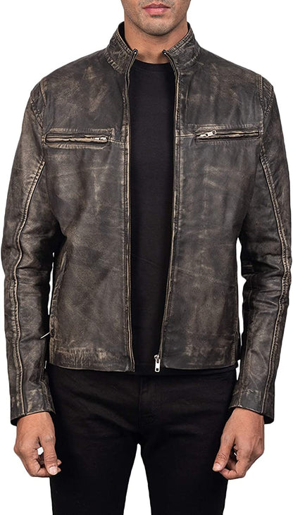 Ionic Distressed Brown Leather Biker Jacket, Front