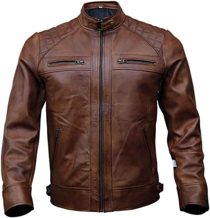 Cuir Dor Men Genuine Leather Biker Jacket, Tan Brown, Front