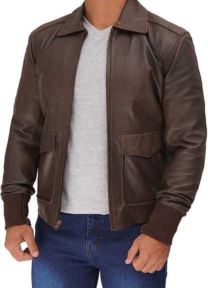 Vintage Brown Bomber Leather Jacket Men