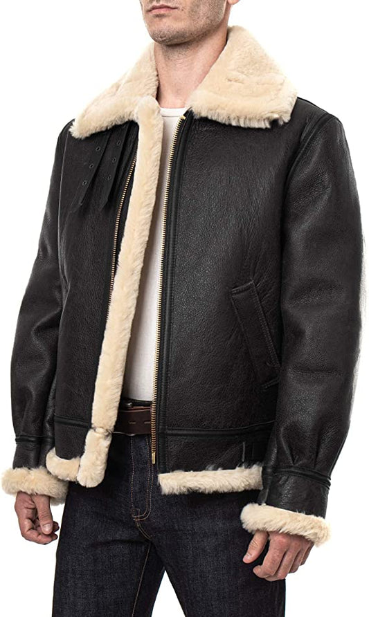 Genuine Sheepskin Black Leather Shearling Jacket For Men