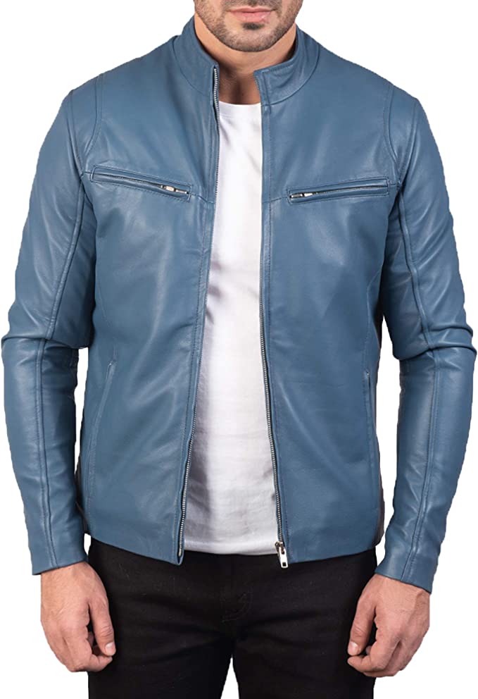 Gatsby Blue Leather Biker Jacket, Open Style