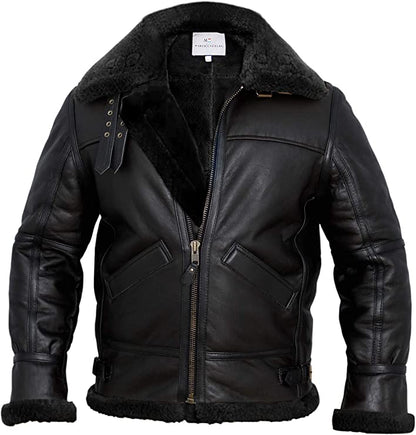 Flight Pilot Black Leather Shearling Jacket