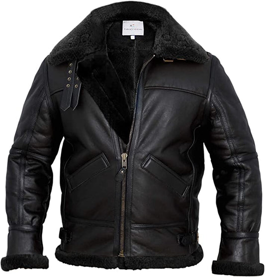 Flight Pilot Shearling Leather Jacket, Black