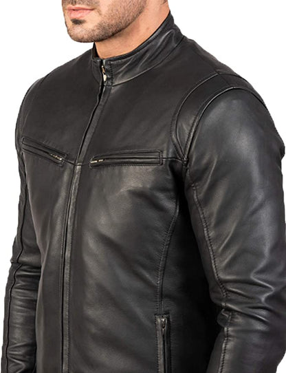 Ionic Black Leather Jacket, Zipper Pockets