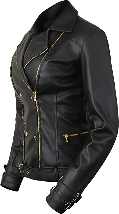 Leather Biker Jacket Women PA218090, Black