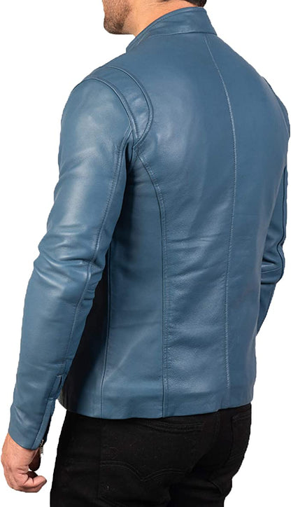 Gatsby Blue Leather Biker Jacket, Back