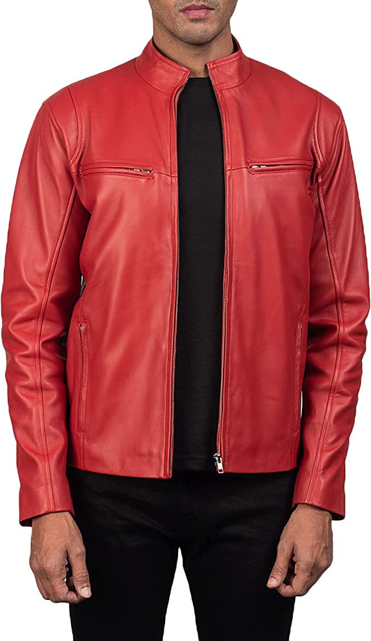 Ionic Red Leather Biker Jacket, Front