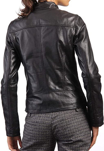 Womens Biker Lambskin Leather Racer Jacket