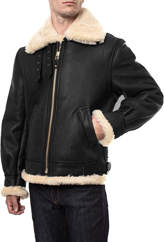 Genuine Sheepskin Black Leather Shearling Jacket For Men