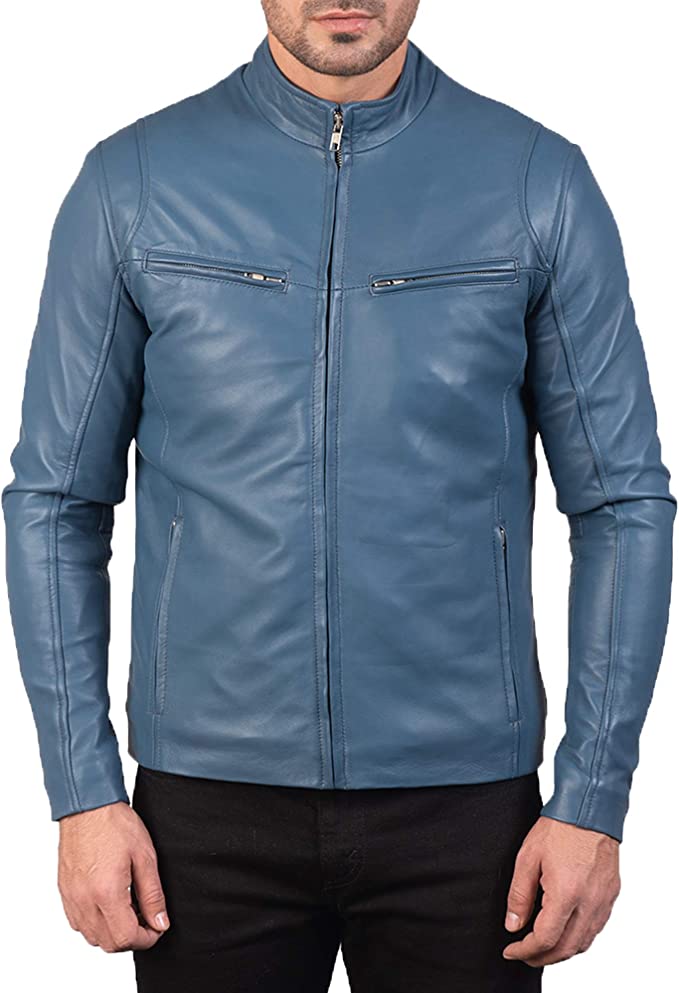 Gatsby Blue Leather Biker Jacket, Front