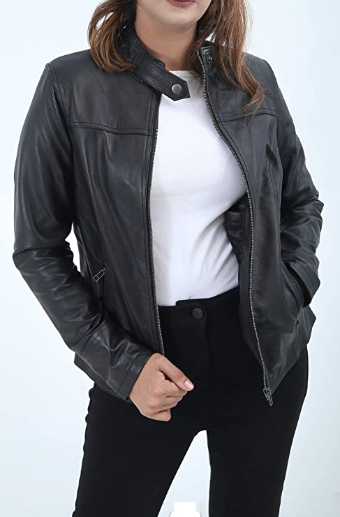 Womens Biker Lambskin Leather Racer Jacket