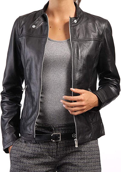 Womens Biker Lambskin Leather Racer Jacket