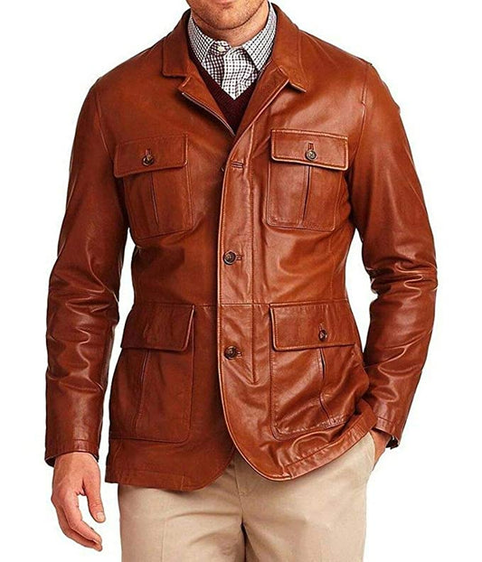 Men's Tan Leather Blazer Button Coat Jacket