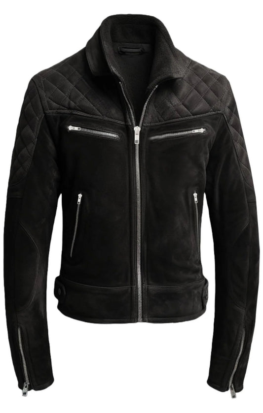 Men Quilted Biker Black Suede Leather Jacket