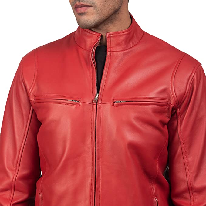 Ionic Red Leather Biker Jacket, Zipper Pockets