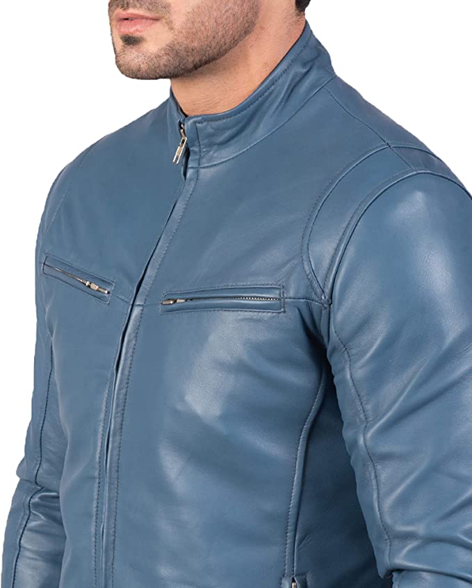 Gatsby Blue Leather Biker Jacket, Zipper Pockets