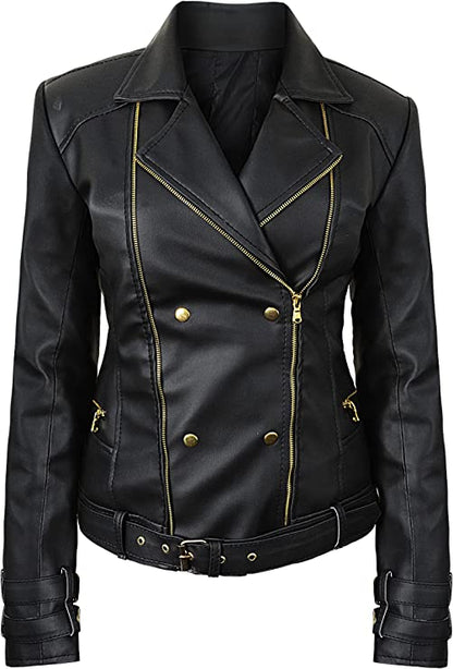 Leather Biker Jacket Women PA218090, Black