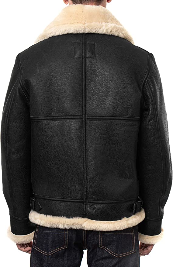 Genuine Sheepskin Black Leather Shearling Jacket For Men