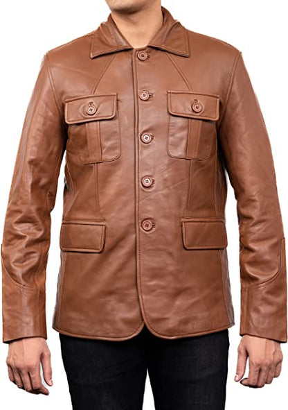 Tan Trench Leather Blazer Men, Brown