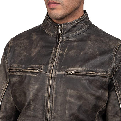 Ionic Distressed Brown Leather Biker Jacket, Zipper Pockets