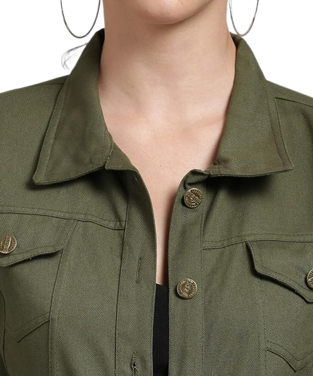 Women Solid Green Denim Jacket, Women