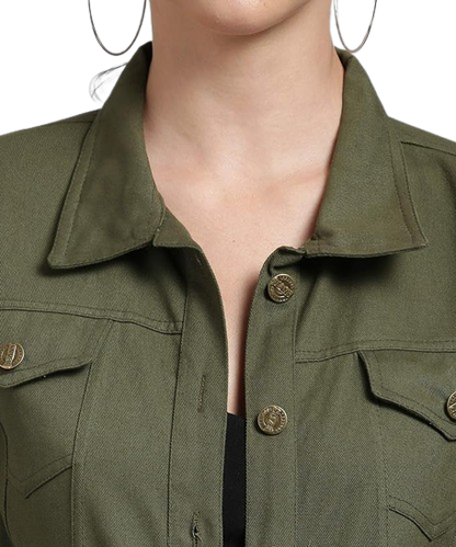 Women Solid Green Denim Jacket, Women