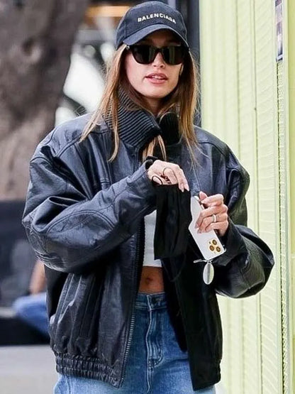 Beverly-Hills-Hailey-Bieber-Black-Bomber-Leather-Jacket