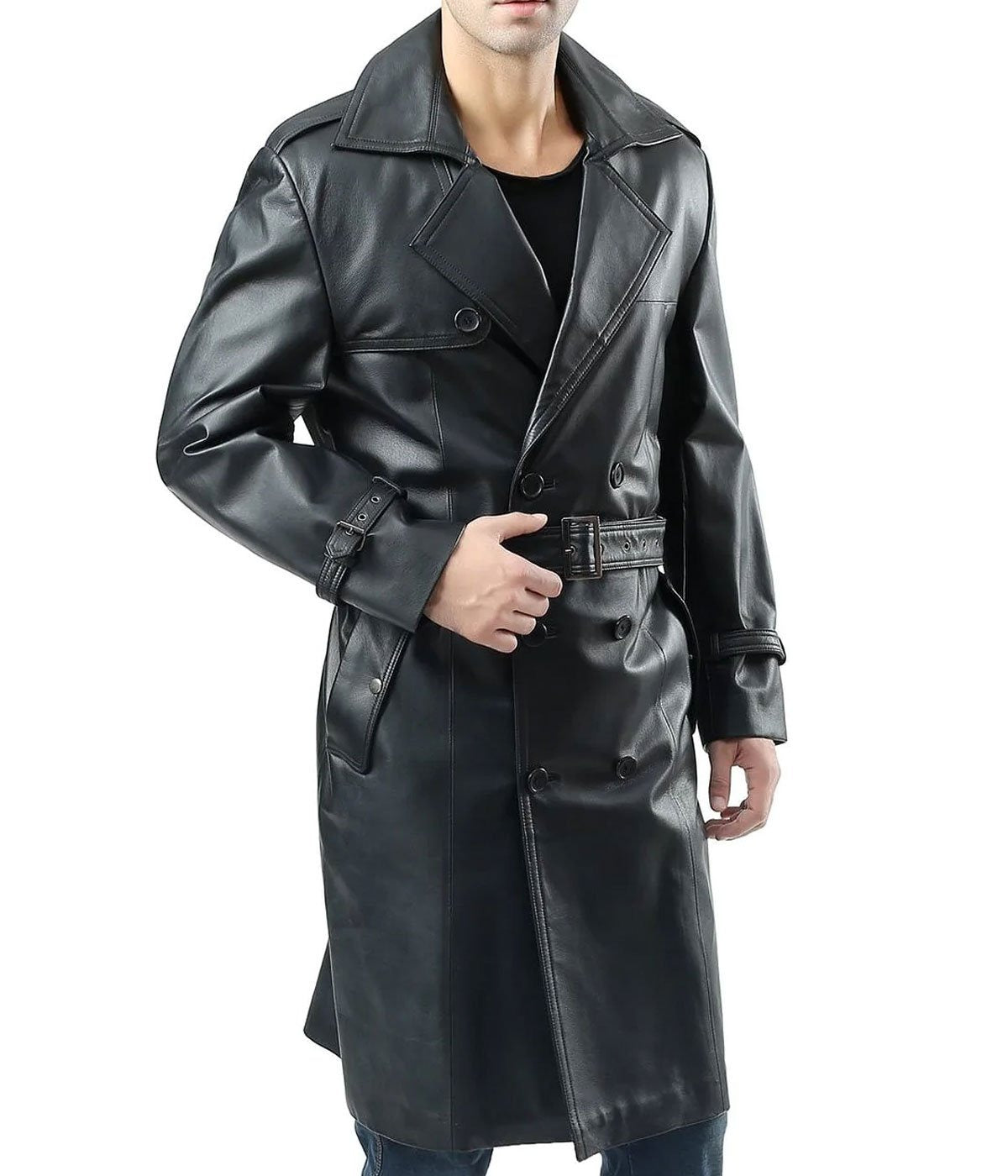 Black Leather Long Coat For Men - 