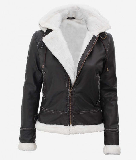 Black Leather Shearling Jacket For Women With Hood Sale