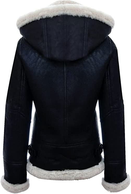 Black Leather Shearling Jacket With Hood For Sale