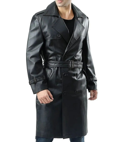 Black Leather Trench Coat For Men