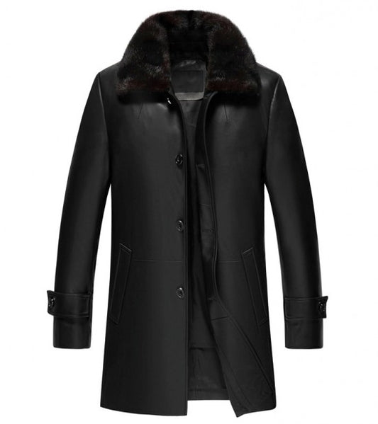 Black Leather 3/4 Length Coat with Shearling Collar
