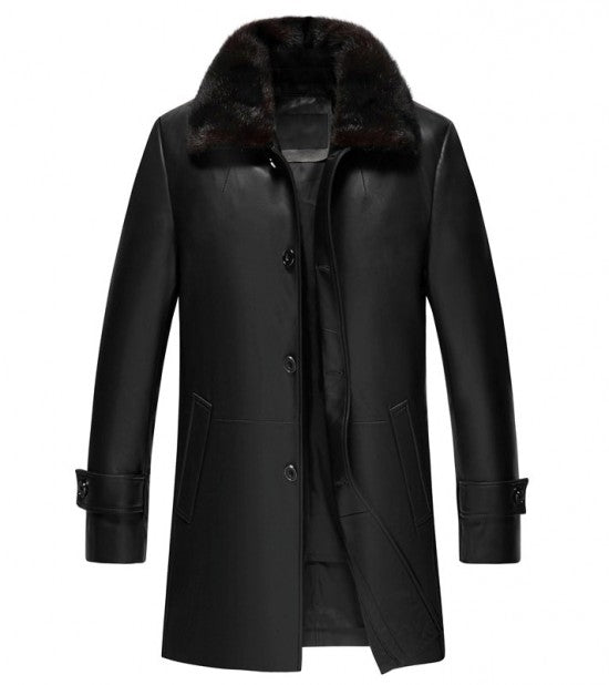 Black Leather Shearling 3/4 Length Coat with Fur Collar