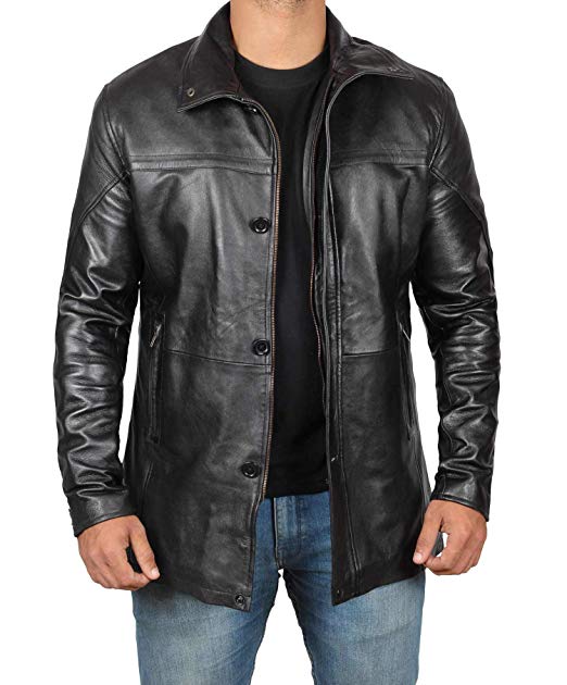 Men's Black Leather Car Coat - 3/4 Length Coat, Open Style