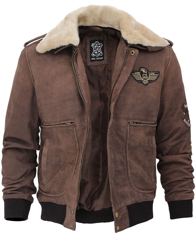 Brown Leather Shearling Collar Bomber Jacket