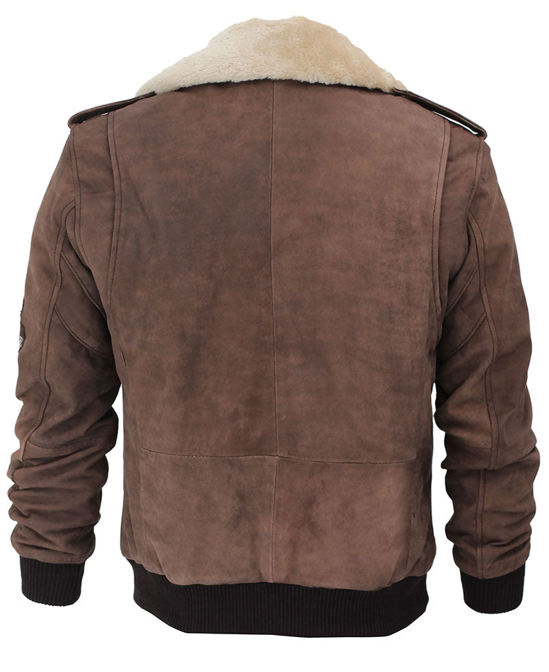 Brown Leather Shearling Collar Bomber Jacket