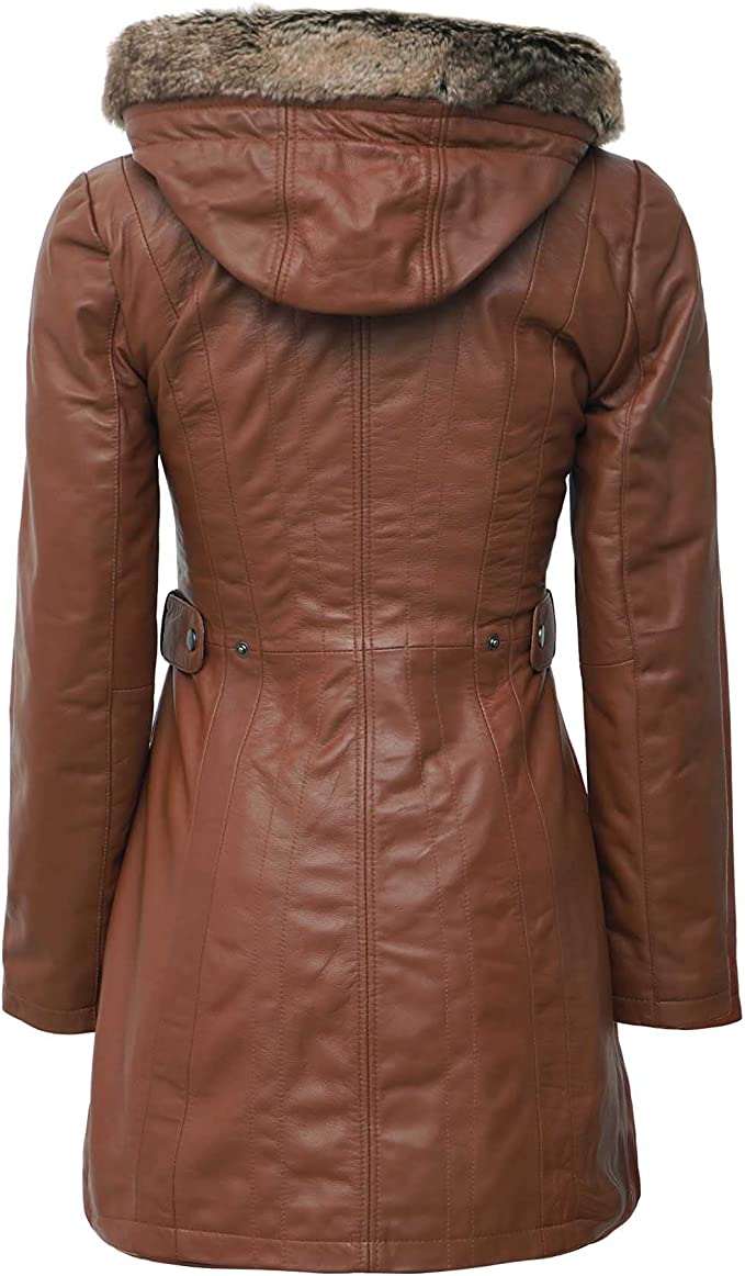 Brown Leather Coat with Shearling Hood
