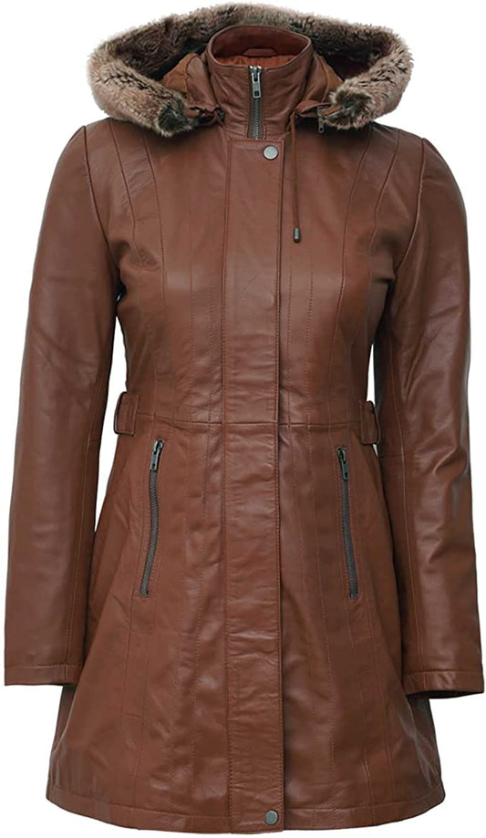 Brown Leather Coat with Shearling Hood Buy