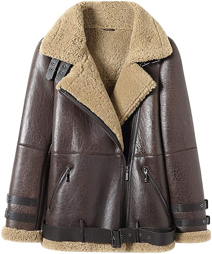 Brown Long Shearling Leather Jacket Women
