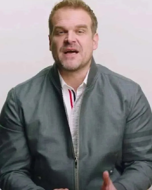 David Harbour Stranger Things Season 4 Grey Bomber Jacket