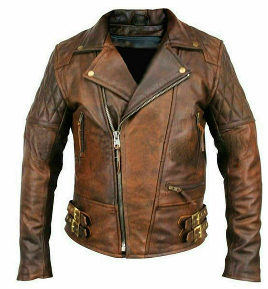 Distressed Leather Quilted Biker Jacket