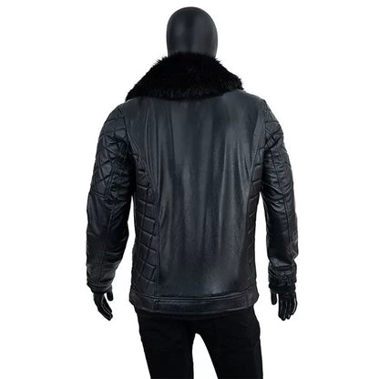 Black Leather Jacket with Fur Hood 