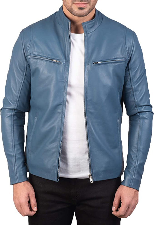 Gatsby Blue Leather Biker Jacket