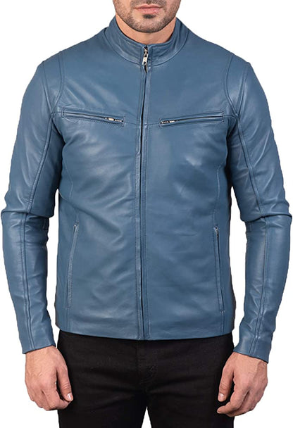 Gatsby Blue Leather Biker Jacket Sale