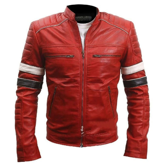 Genuine Striped Red Leather Moto Jacket Mens